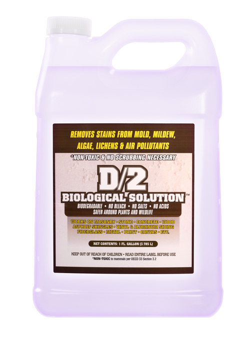D2 biological cleaner removes stains mold mildew algae lichens sir pollutants